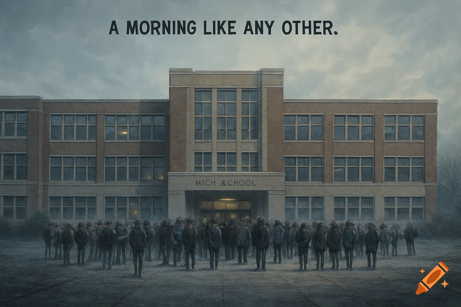 A stylized painting of a grey high school building with many students standing outside on a foggy morning. The sky reads "A MORNING LIKE ANY OTHER." The building sign says "MICH & CHOOL".