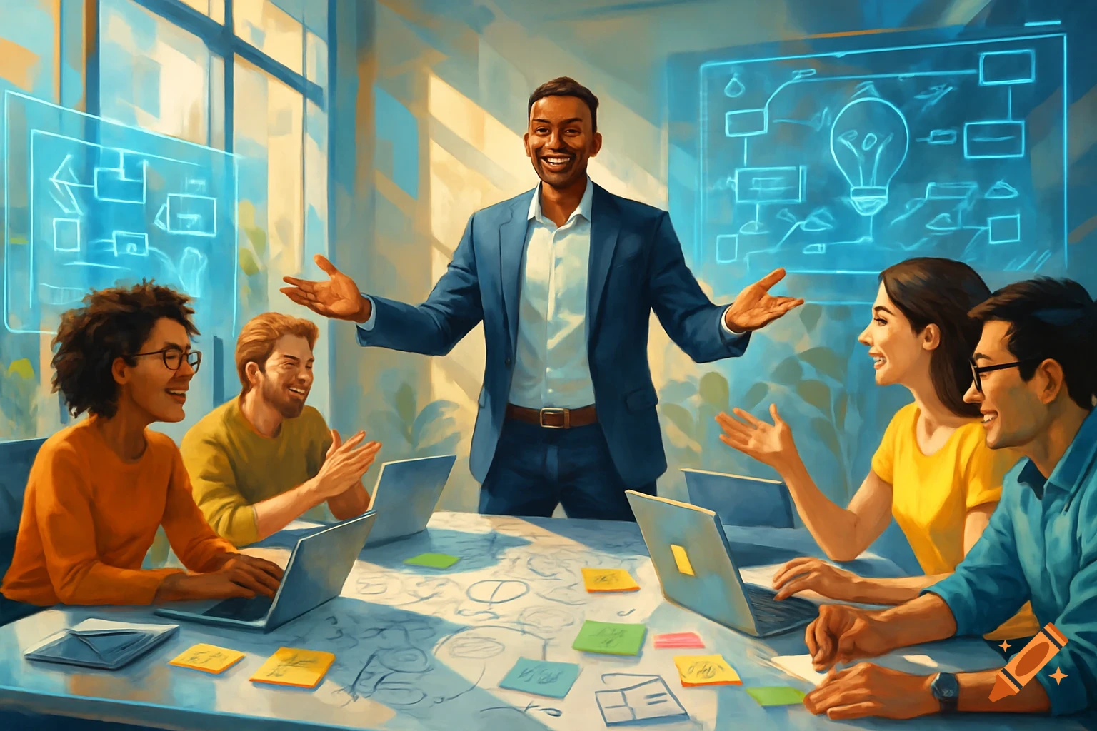 A diverse group of smiling professionals in a bright office meeting. A man presents to a team with laptops and holographic screens, in a digital painting style.