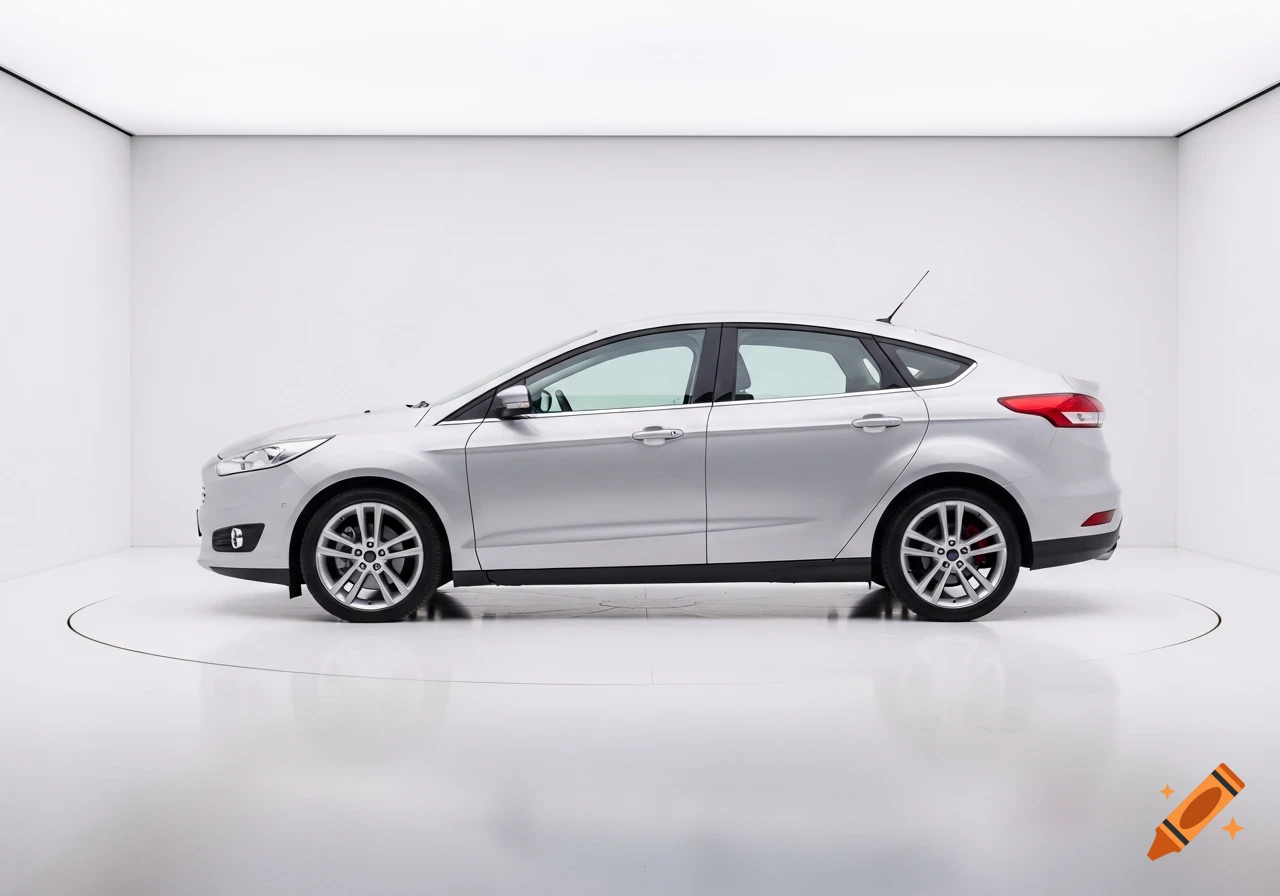 A silver Ford sedan in a minimalist white studio with a reflective floor, viewed from the side.