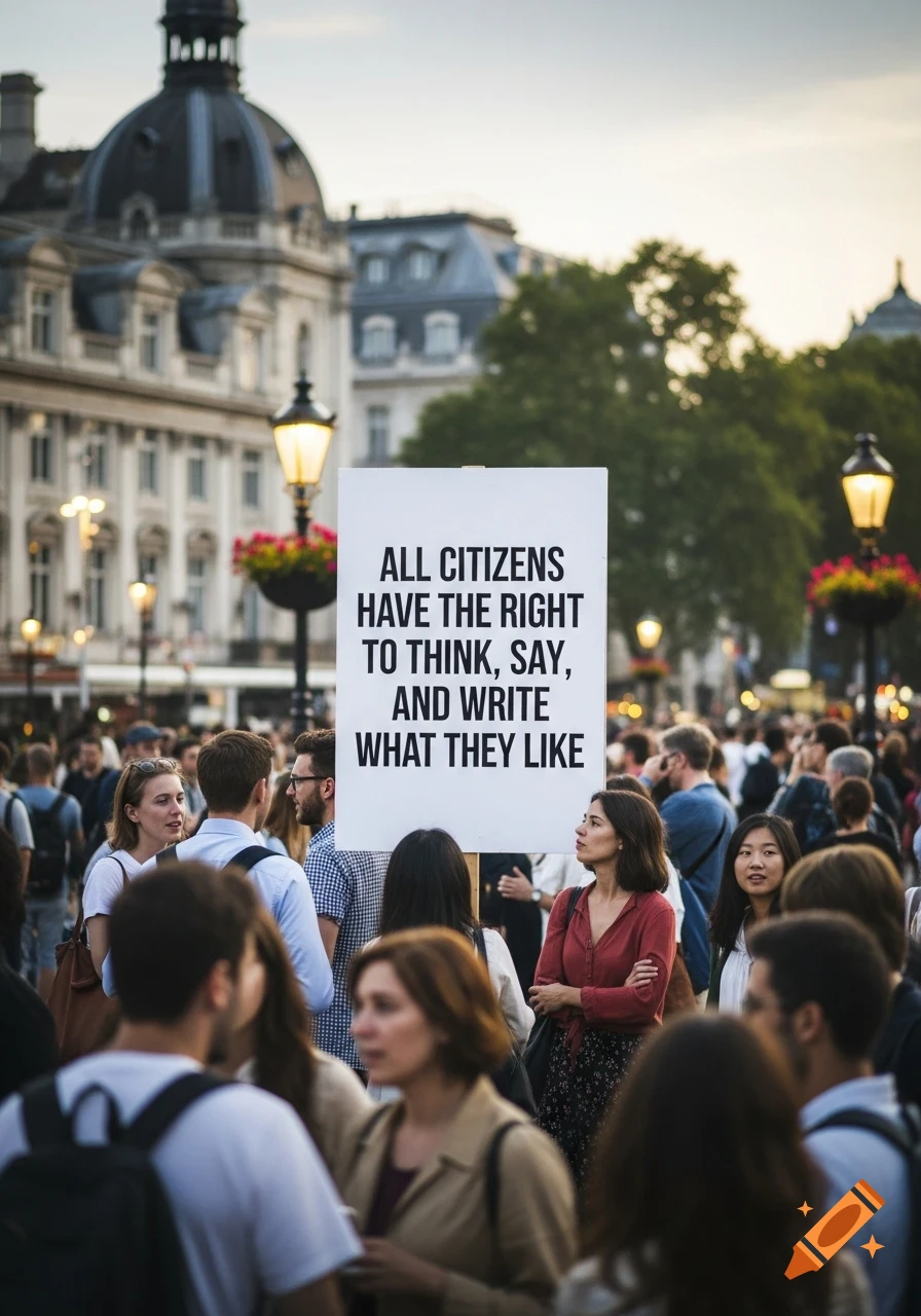 A photorealistic image of a diverse crowd of people gathered on a city street, with a prominent sign reading 'ALL CITIZENS HAVE THE RIGHT TO THINK, SAY, AND WRITE WHAT THEY LIKE' held above them.