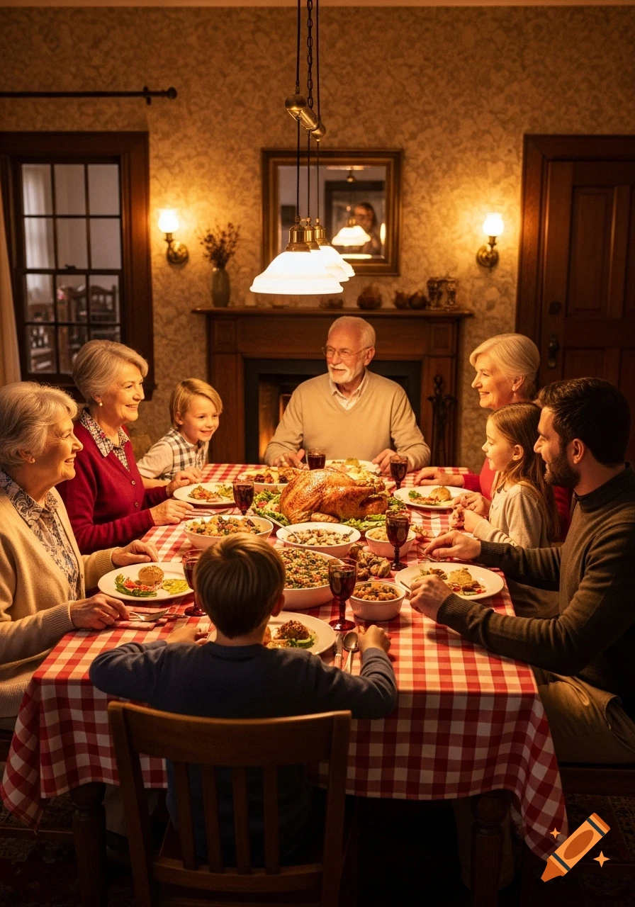 A multi-generational family gathers around a table with a red and white checkered tablecloth, enjoying a large turkey dinner in a warmly lit dining room.