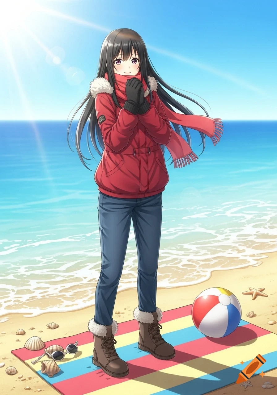 Anime girl in red winter jacket, scarf, jeans, and boots stands on a colorful beach towel on a sunny summer beach with a beach ball and seashells.