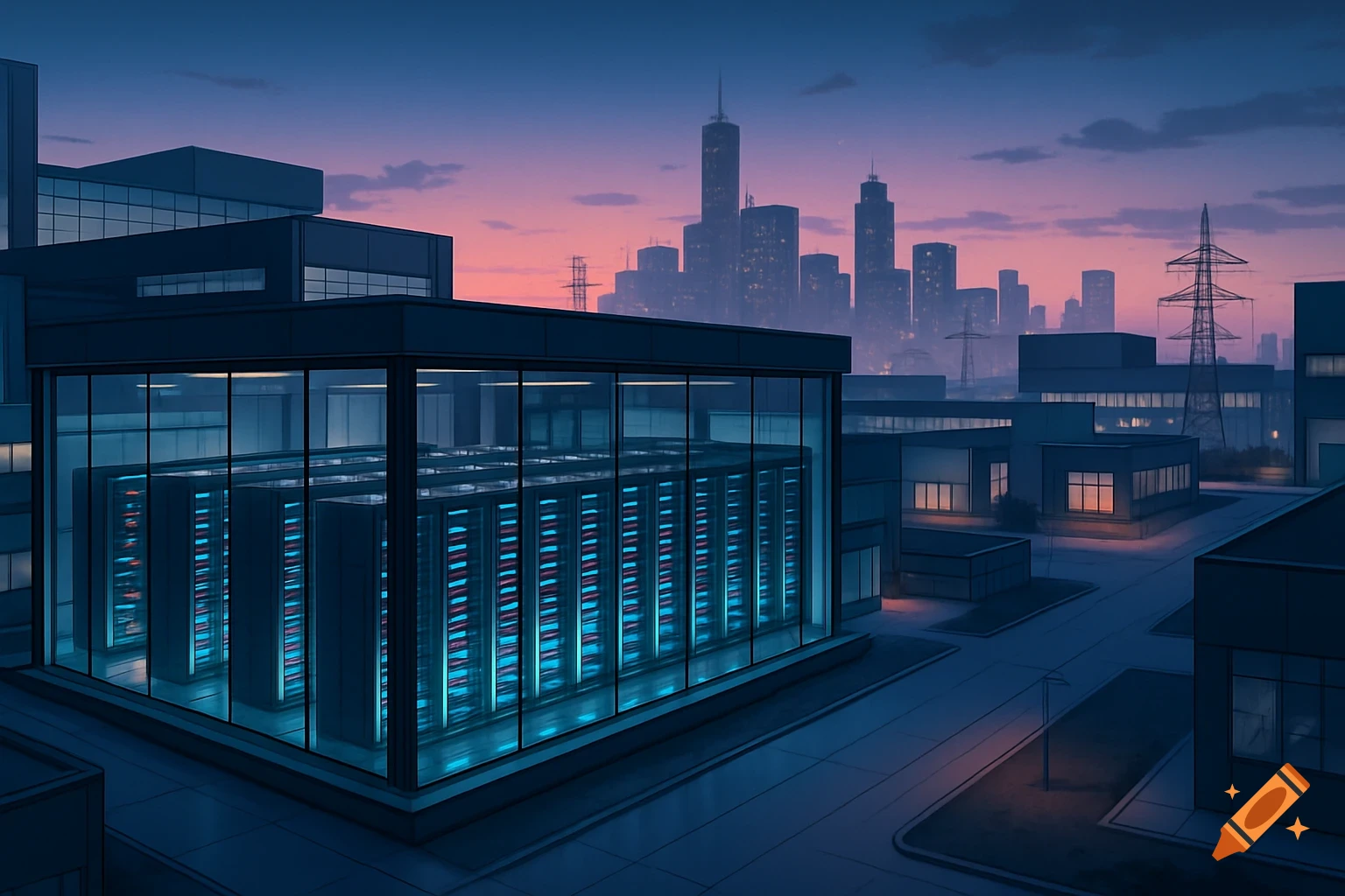 Stylized data center with glowing blue and red servers in a glass building, set in an industrial area with a distant city skyline at sunset.