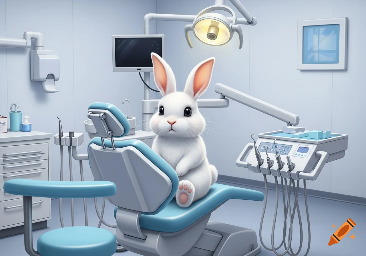 A cute white rabbit with big ears sits in a light blue dental chair in a sterile dental office with modern equipment.