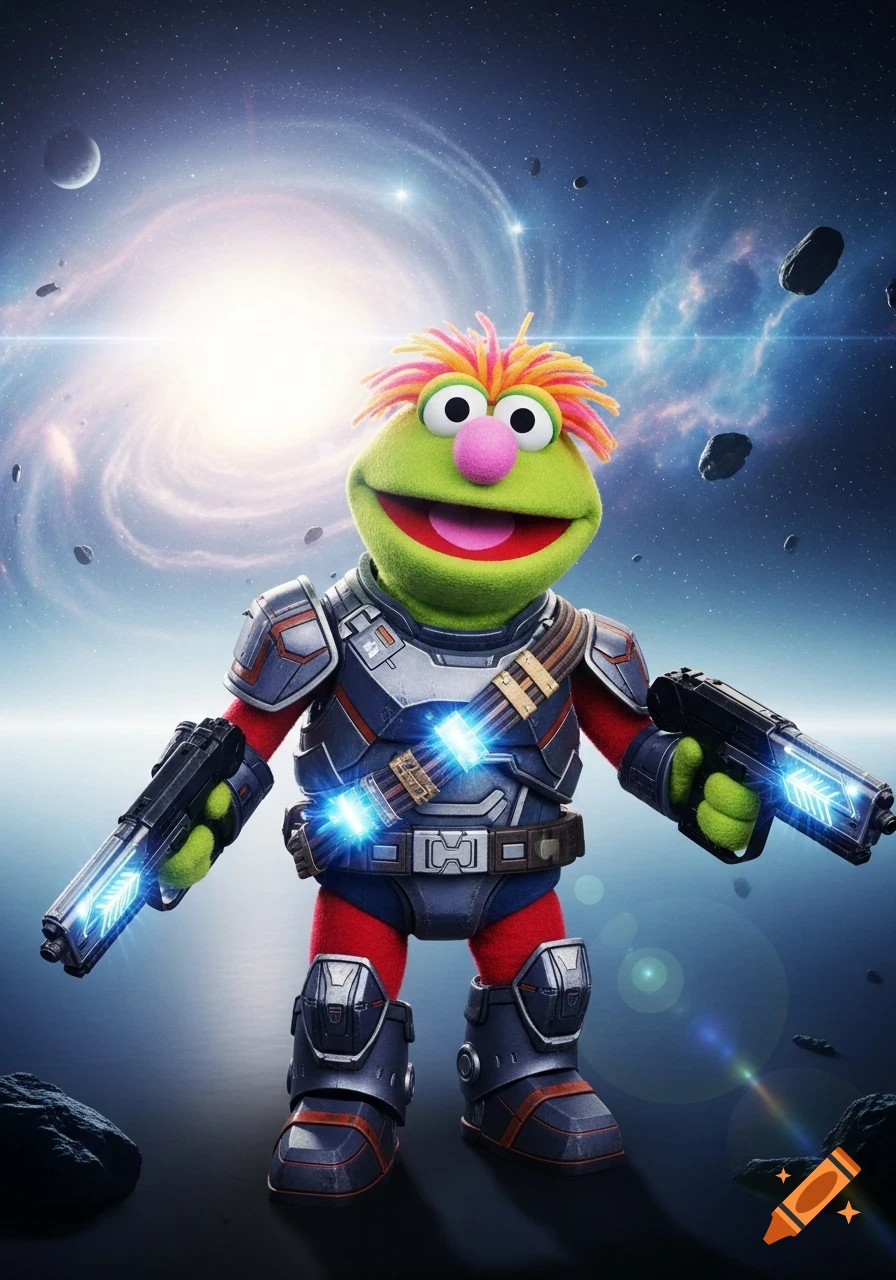 A green muppet-like creature in futuristic sci-fi armor holds two glowing energy pistols in a cosmic space scene with a spiral galaxy.