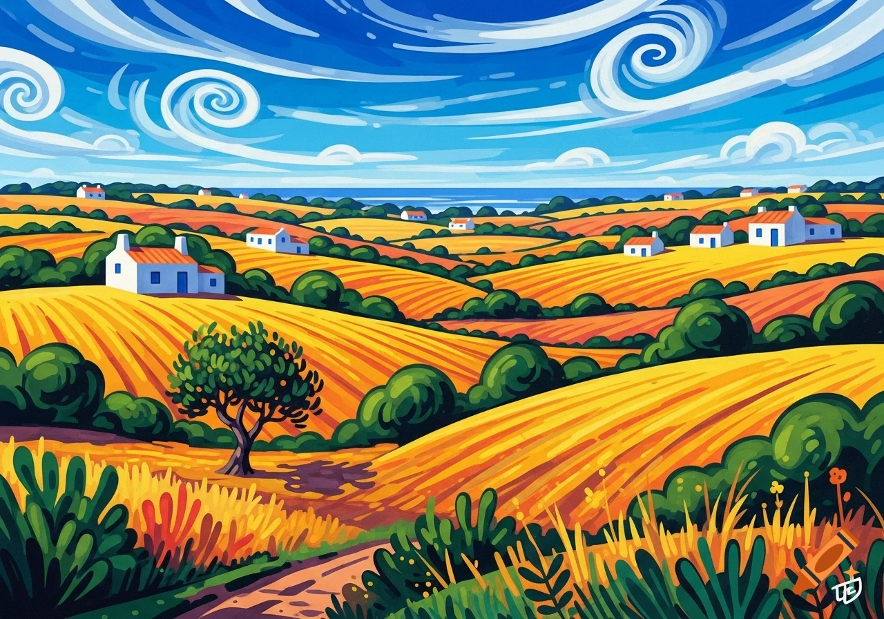 A vibrant, stylized painting of rolling golden fields with white houses, green bushes, and a tree under a bright blue sky with swirling white clouds. The sea is visible in the distance.