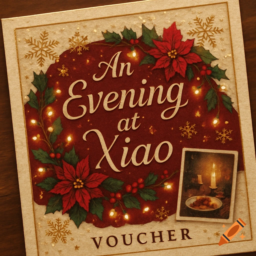 A Christmas-themed dinner voucher for 'An Evening at Xiao', featuring poinsettias, holly, snowflakes, lights, and a small image of a candlelit meal.