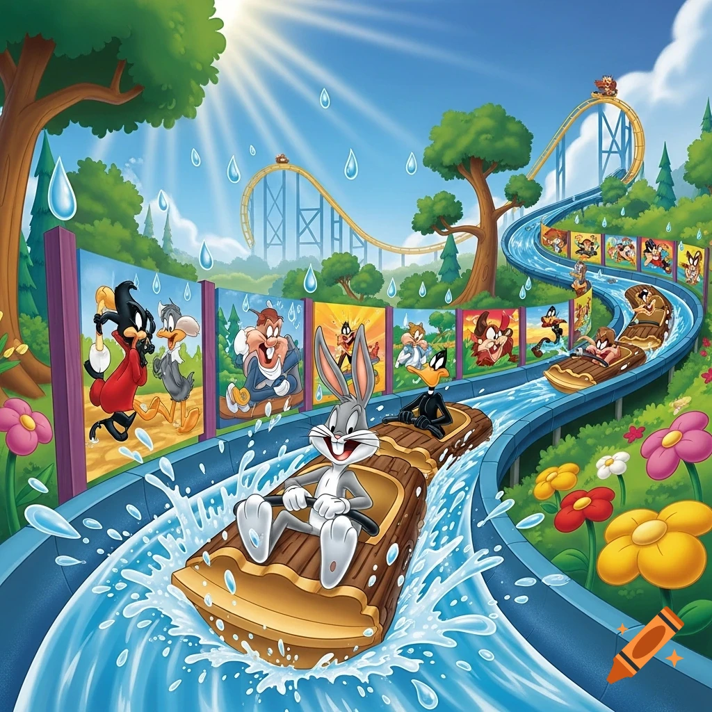 Bugs Bunny and Daffy Duck on a log flume ride at a vibrant Looney Tunes theme park, with other characters on display.