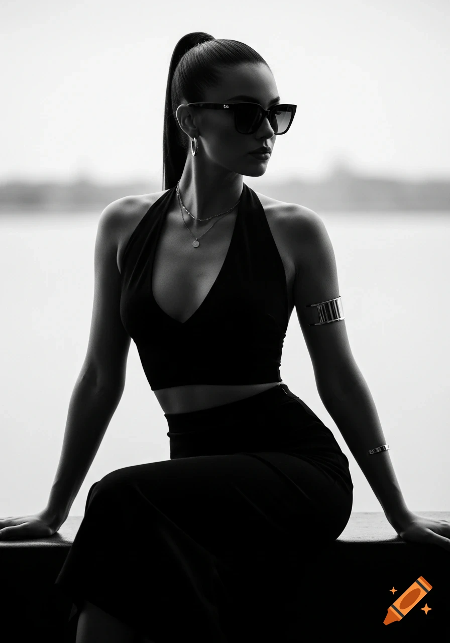 Black and white photo of a woman in a halter top and skirt, sunglasses, jewelry, posing with a high ponytail.