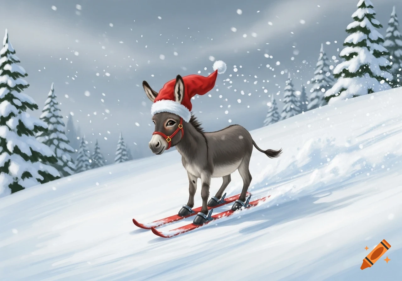 A cartoon donkey wearing a red Santa hat skis down a snowy mountain slope with pine trees in the background.