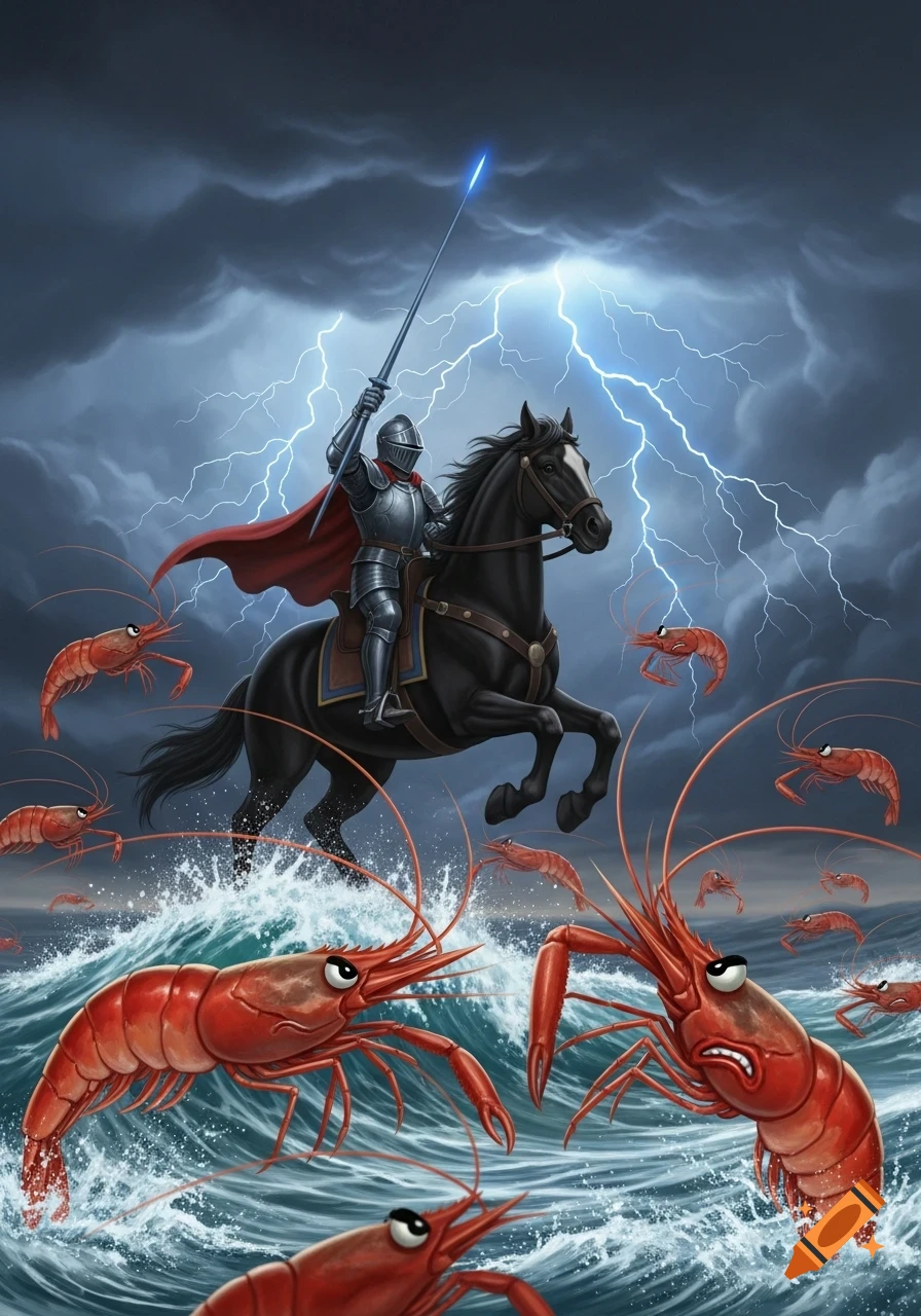 Knight on a black horse charges through stormy seas, surrounded by an army of angry, red shrimp under lightning-filled skies.
