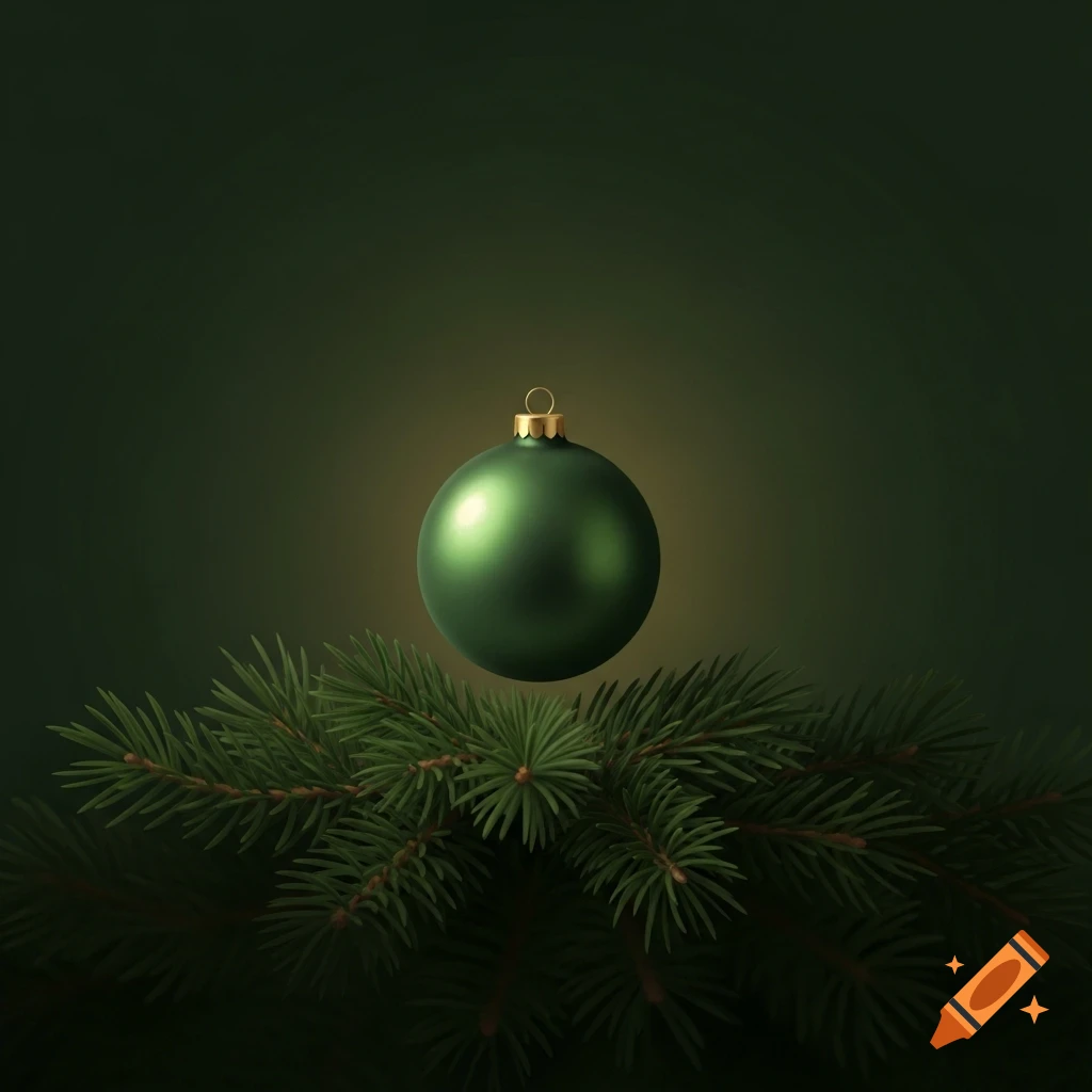 A minimalist green Christmas ornament with a gold cap floats above green pine branches against a deep evergreen background.