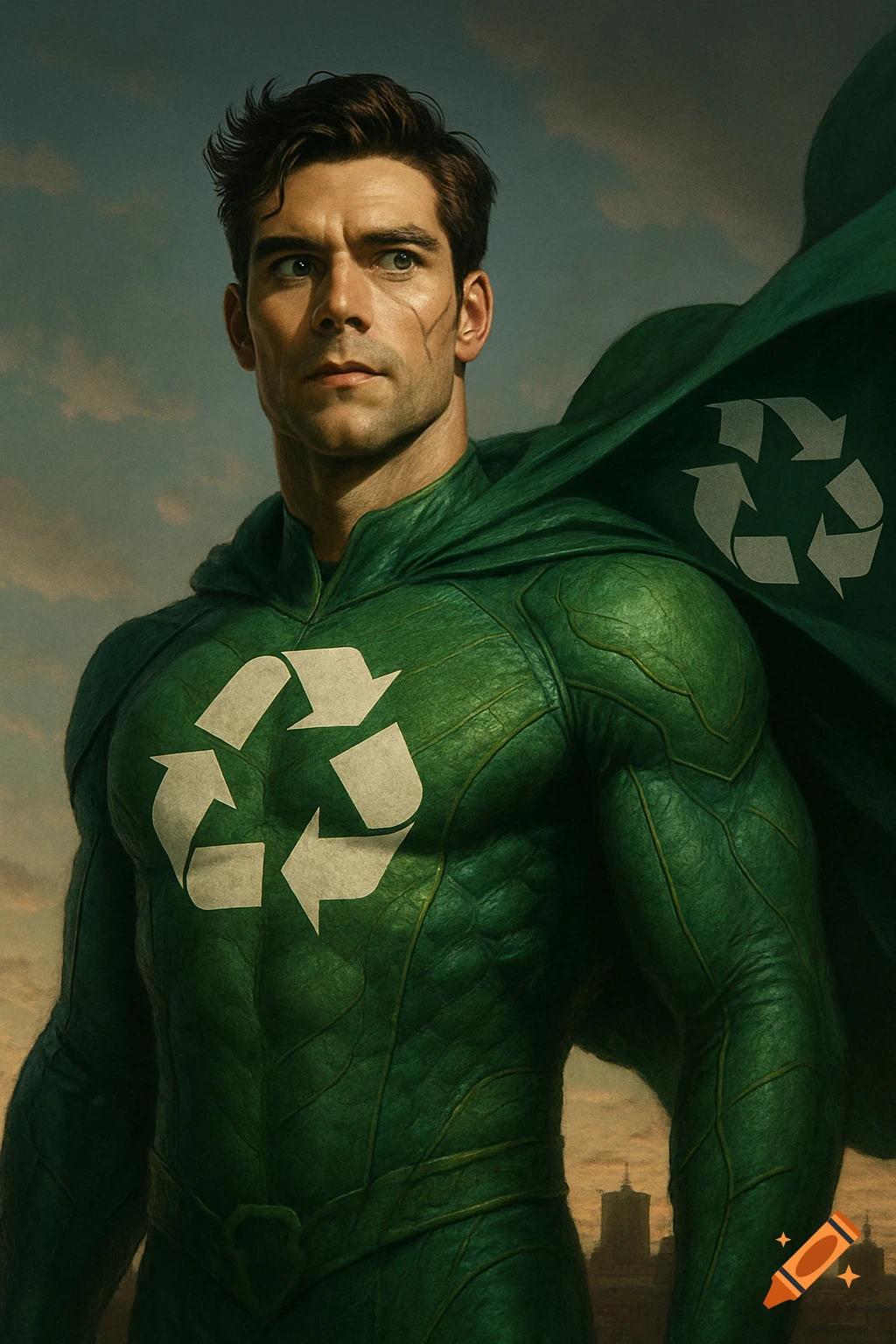Photorealistic male superhero in a green, leaf-textured suit, with white recycling logos on his chest and cape, looking determined.