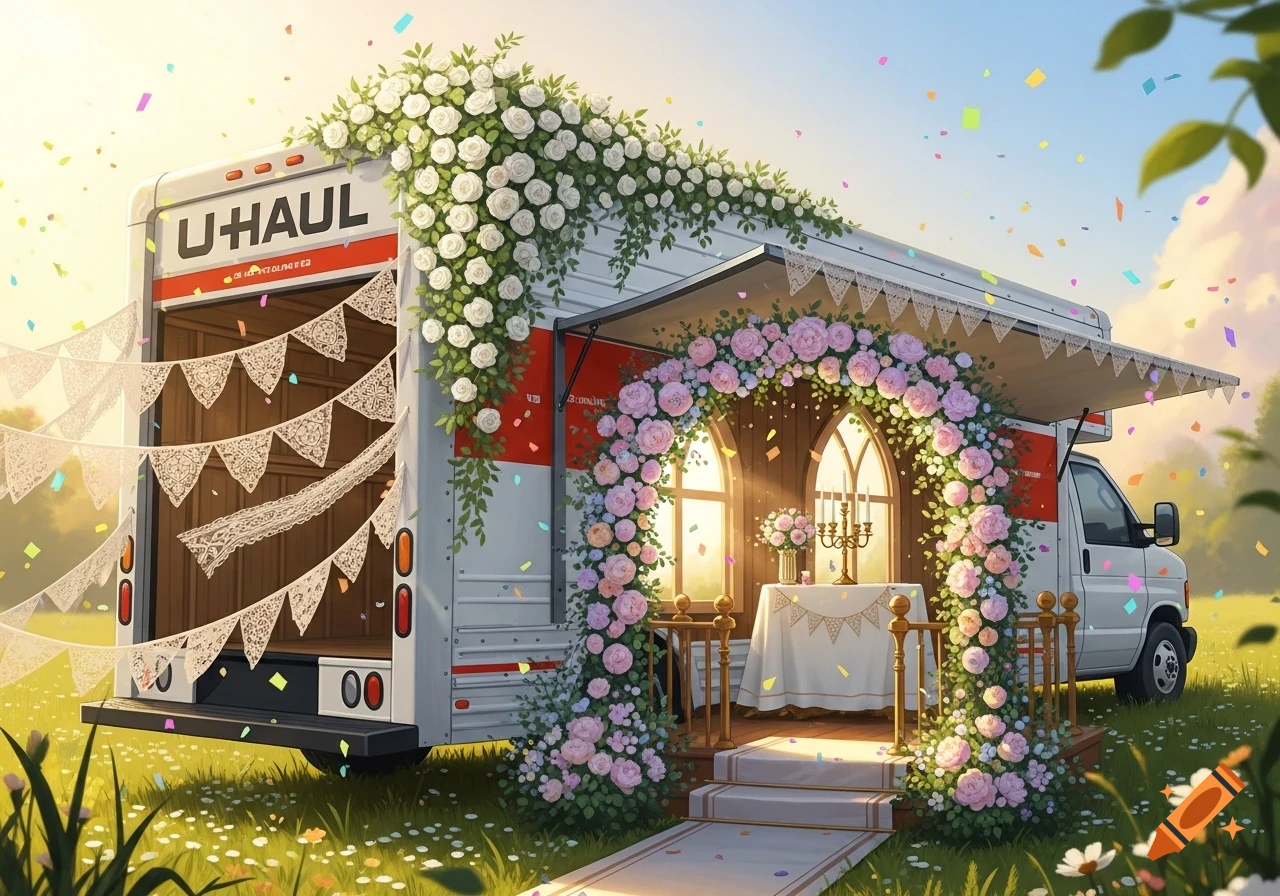 A U-Haul moving truck converted into a whimsical wedding chapel, adorned with white and pink flowers and confetti in a sunny field.
