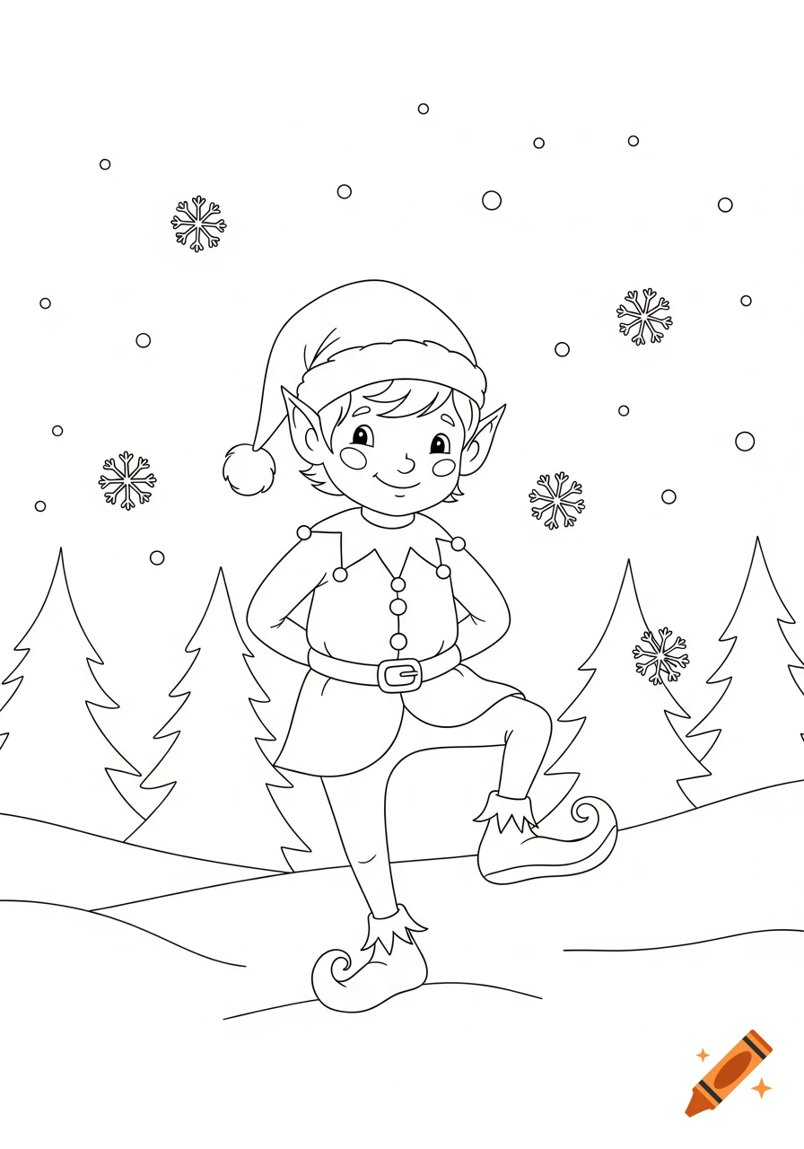 A black and white line art coloring page of a smiling Christmas elf standing in a snowy forest scene with snowflakes.