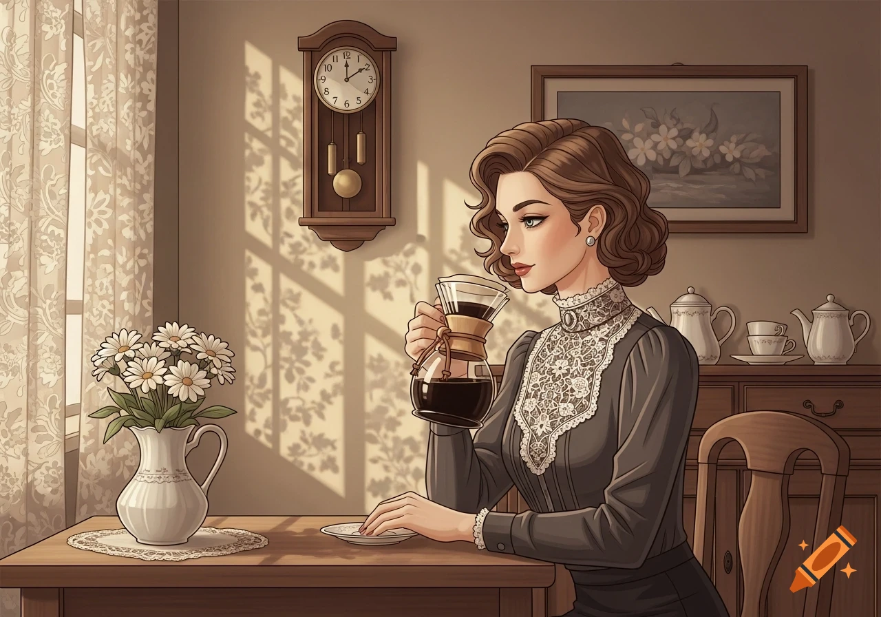 A drawn vintage lady with brown curly hair, wearing a lace dress, sips coffee from a pour-over maker at a wooden table with daisies.