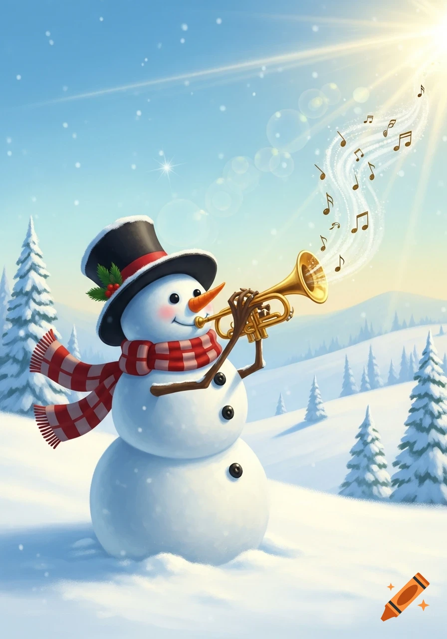 Cheerful snowman in a top hat and striped scarf plays a golden trumpet in a sunny, snowy landscape with fir trees, with musical notes rising from the trumpet.