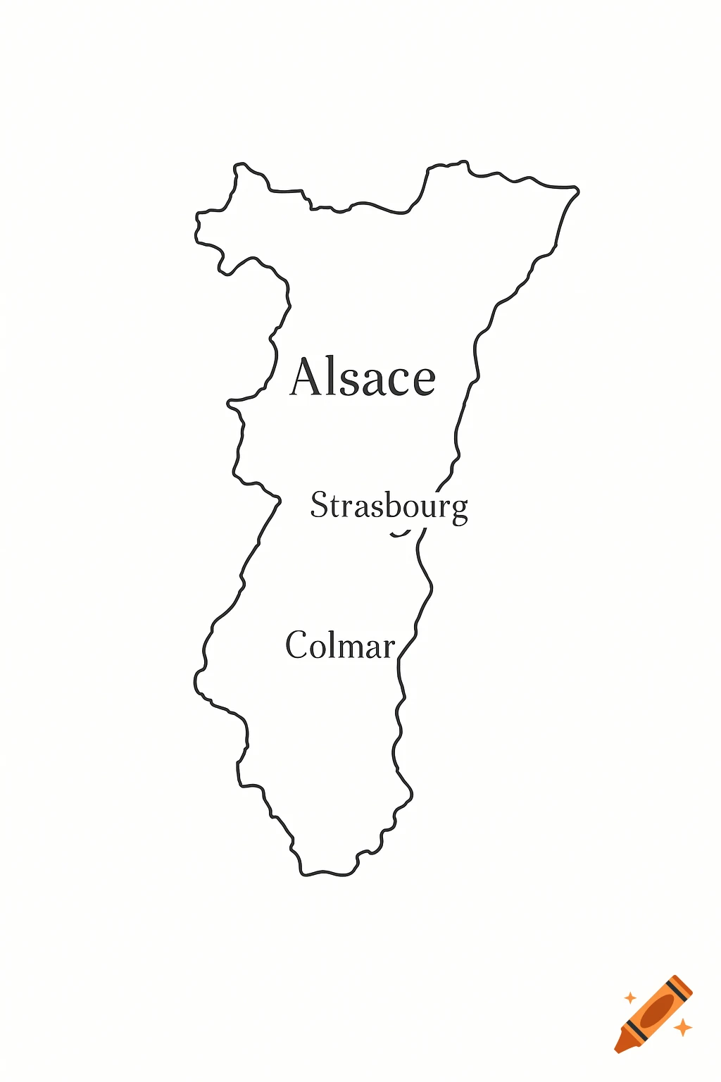 Black outline map of the Alsace region, with labels for Alsace, Strasbourg, and Colmar on a white background.