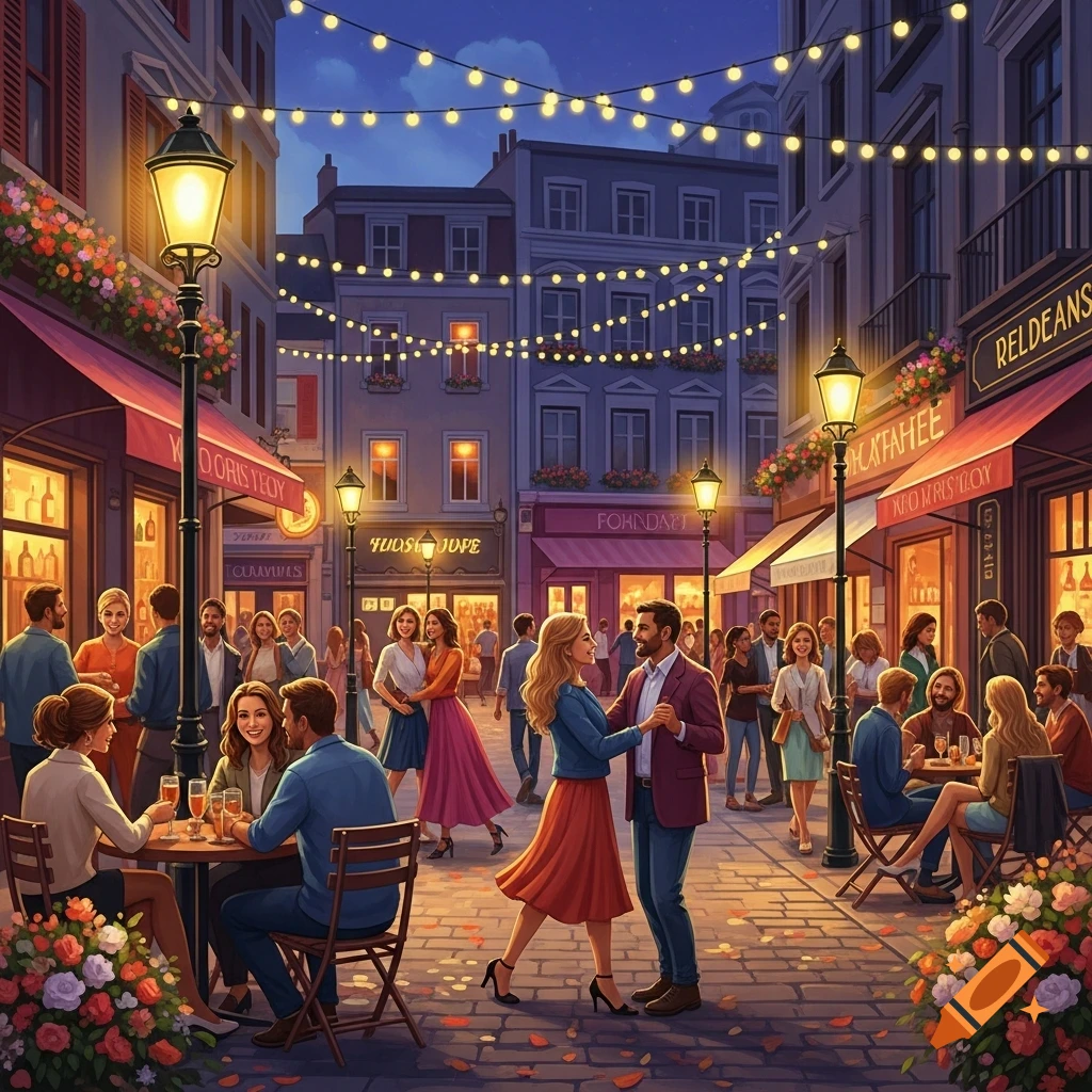 A vibrant evening street scene with many people socializing, walking, and dancing under string lights. Shops line the cobblestone street.
