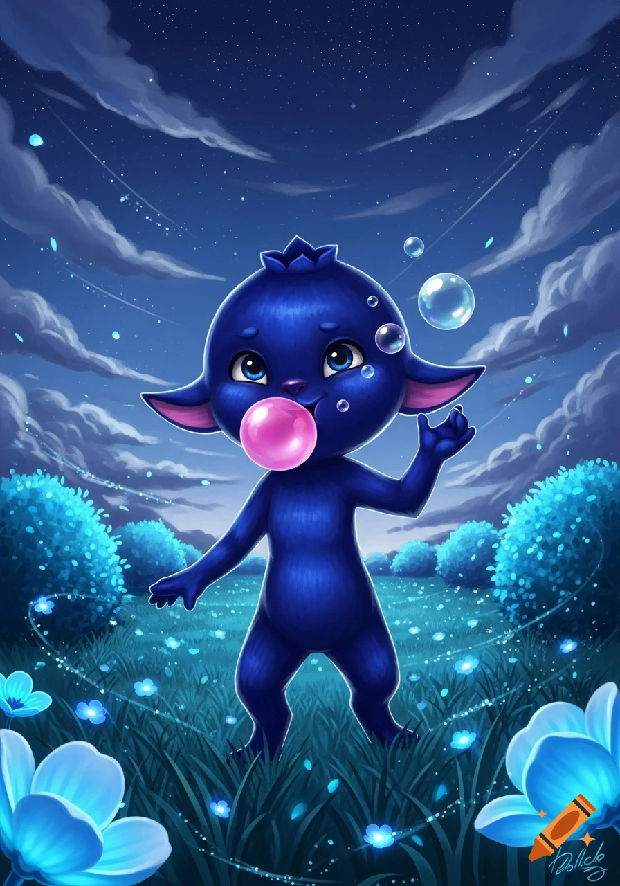 A dark blue blueberry-like cartoon creature chews pink bubble gum in a magical glowing grassy field at night under a starry sky.