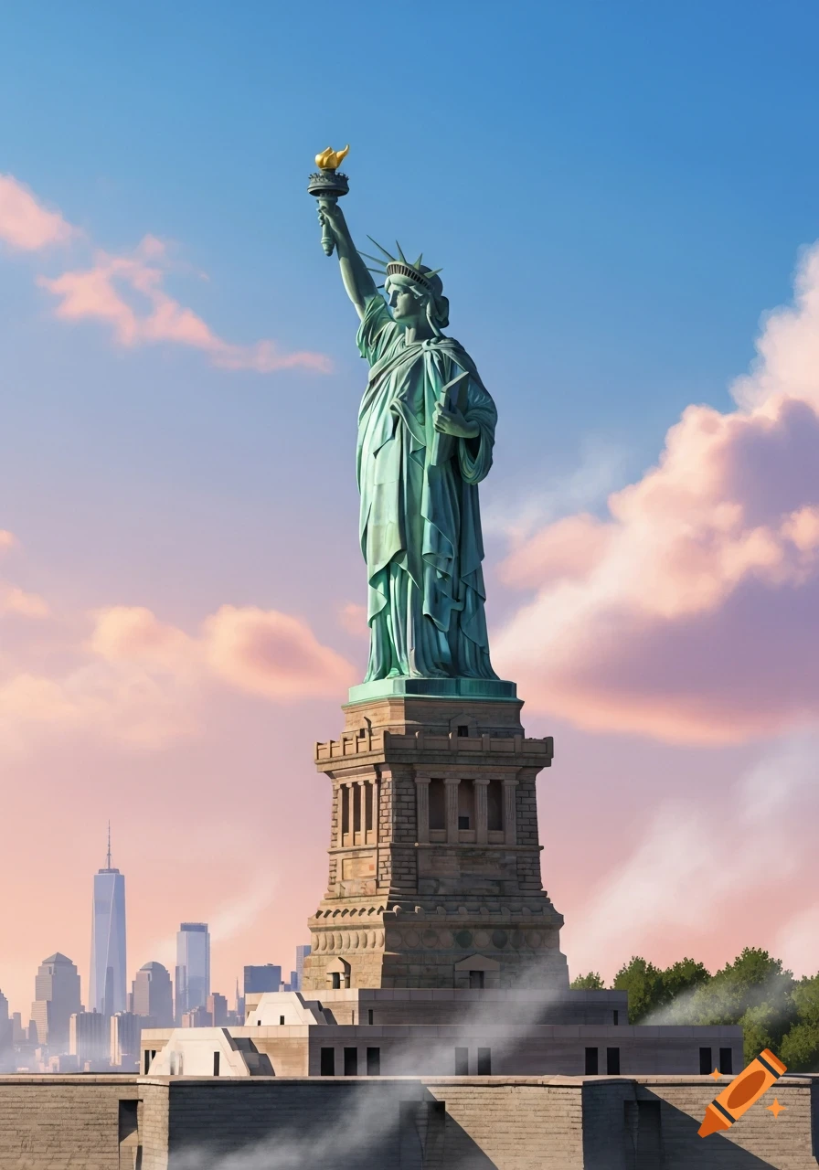The Statue of Liberty stands tall on its pedestal, with the New York City skyline in the background under a colorful sky.