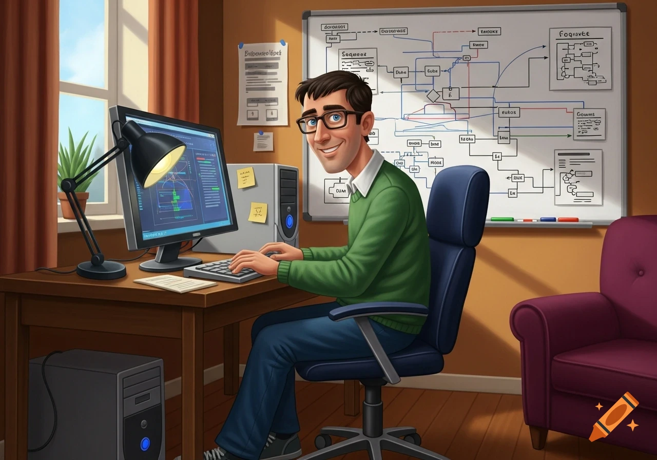 A man in a green sweater and glasses works at a computer in a cozy room with a whiteboard showing diagrams behind him, in a cartoon style.