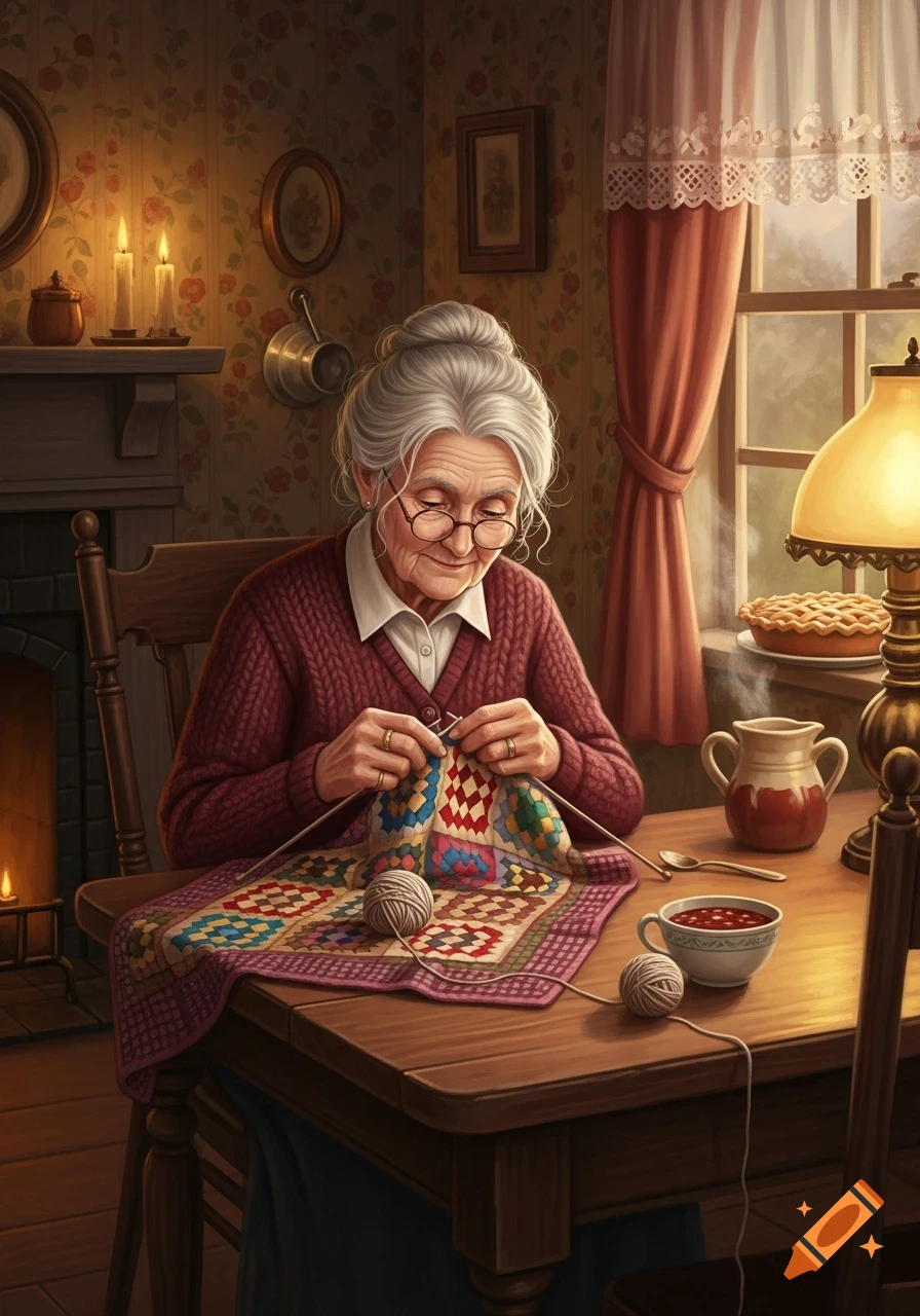 An old woman with grey hair and glasses knits a colorful blanket in a cozy room with a fireplace and tea.