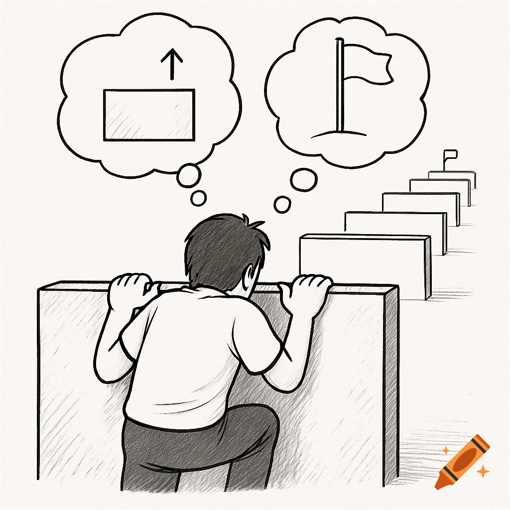 Black and white line art of a person climbing a high wall, thinking of an upward arrow and a distant flag, with more walls ahead.