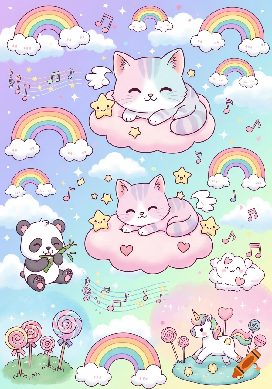 Cute kawaii cartoon collage with sleeping cats on clouds, a panda, unicorn, rainbows, lollipops, and music notes on a pastel background.