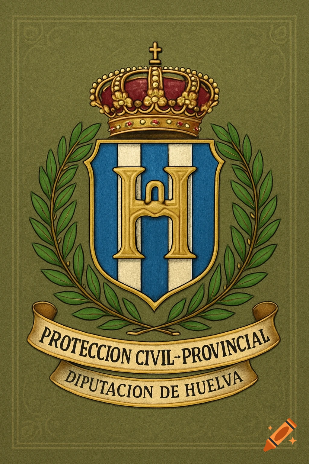 Heraldic shield with gold crown, 'H' on blue/white stripes, olive branches, and banners reading 'PROTECCION CIVIL-PROVINCIAL DIPUTACION DE HUELVA'.