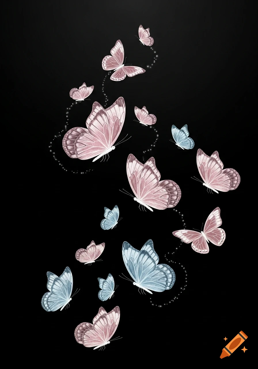 Pale pink and blue butterflies ascend against a black background, leaving subtle sparkling trails.