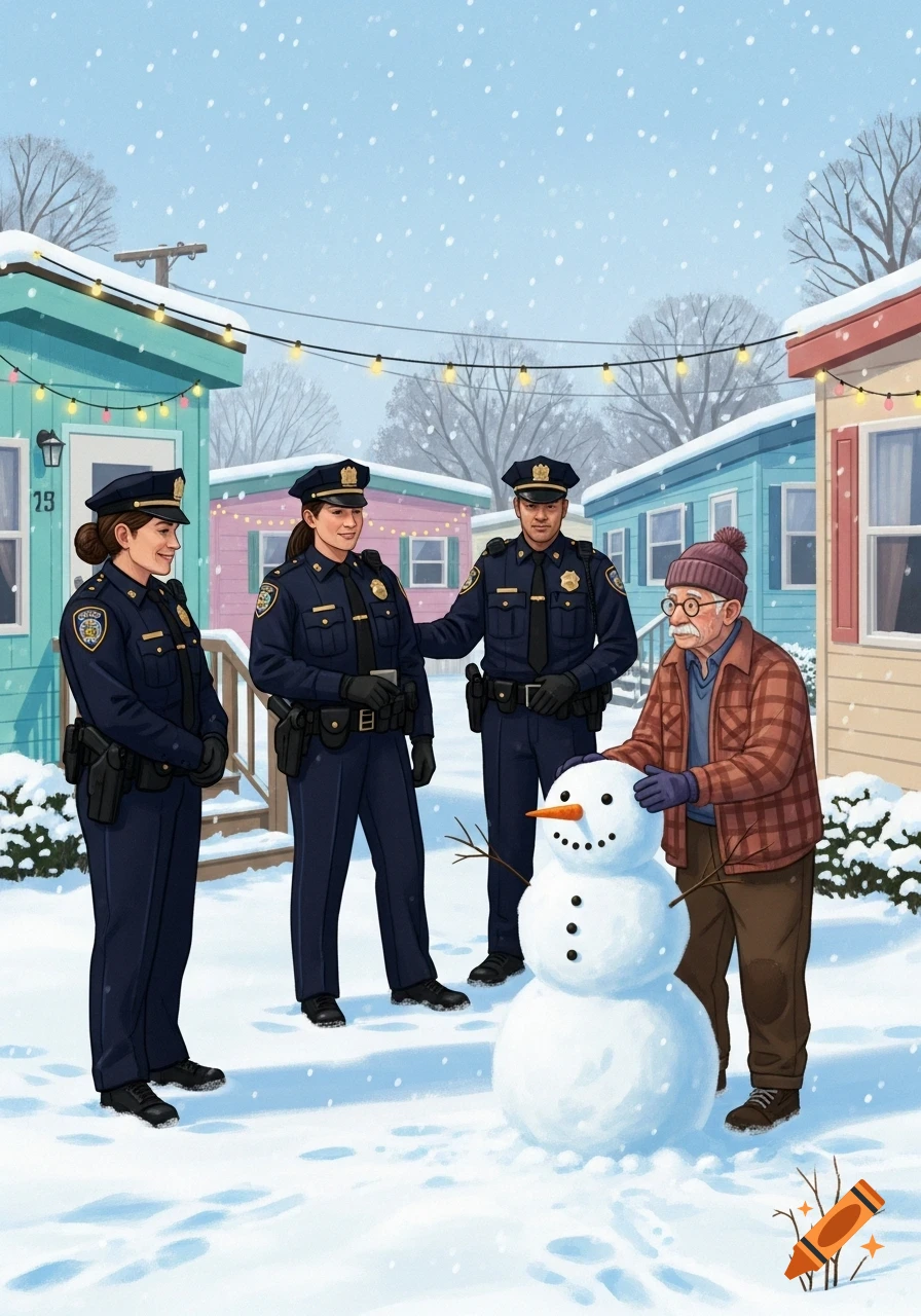 Three police officers stand with an old man building a snowman in a snowy mobile home park decorated with string lights.