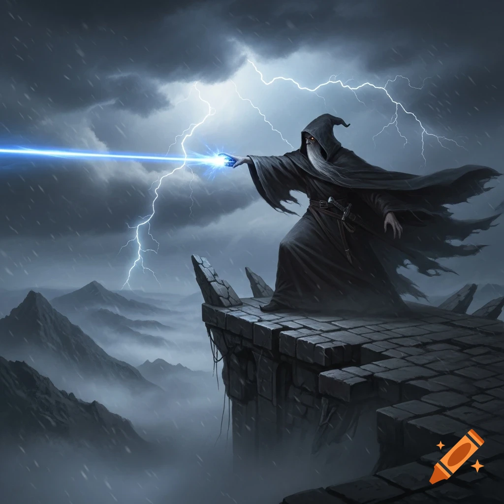 A dark wizard in a hooded robe casts a blue energy beam from a stone cliff overlooking stormy mountains with lightning.
