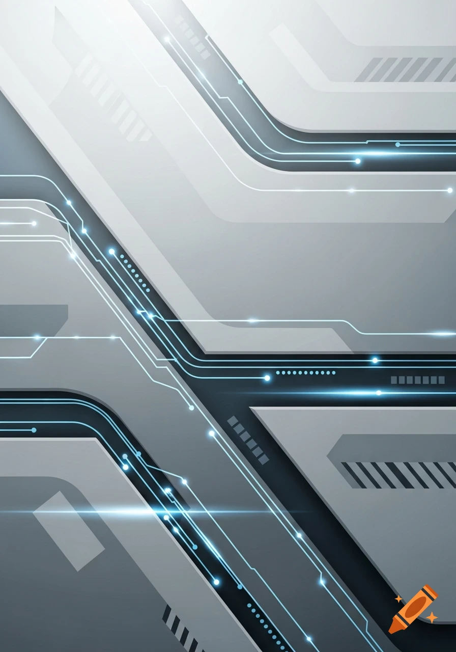 Abstract modern technology background with glowing blue circuit lines and geometric gray and white shapes.