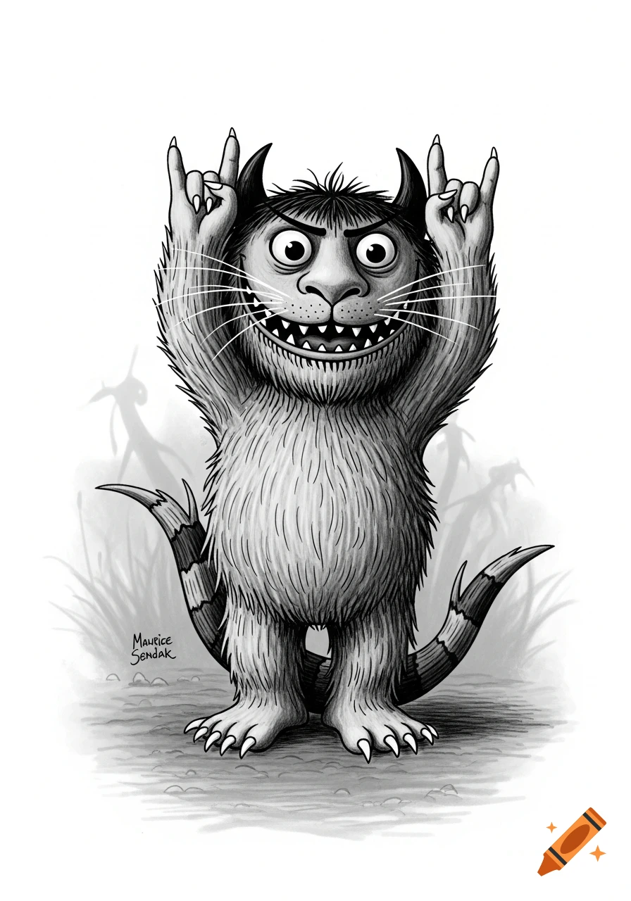 A black and white illustration of a furry monster from Where the Wild Things Are, smiling with pointy teeth and making rock-on hand gestures.