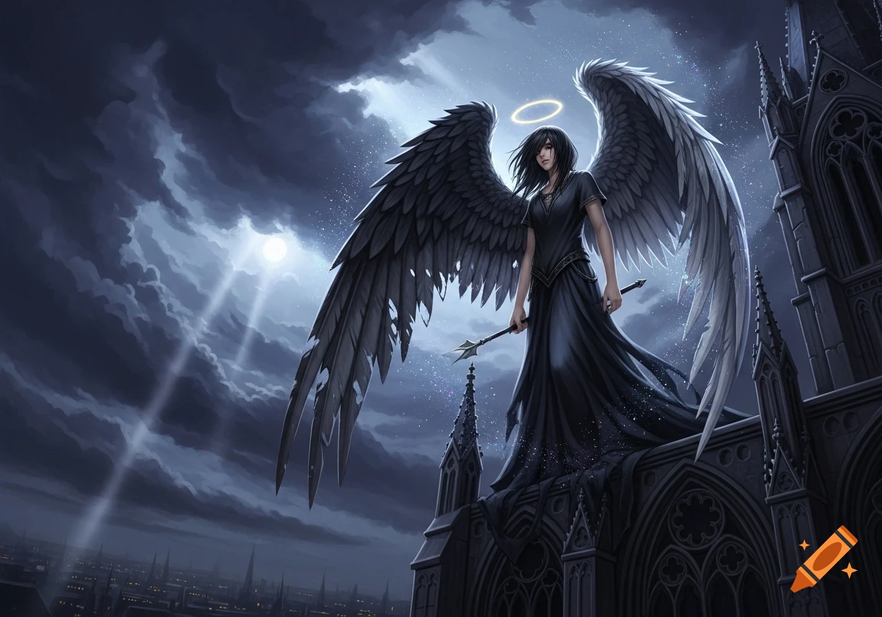 A dark-winged angel with a halo stands on a gothic cathedral rooftop under a moonlit, cloudy night sky.