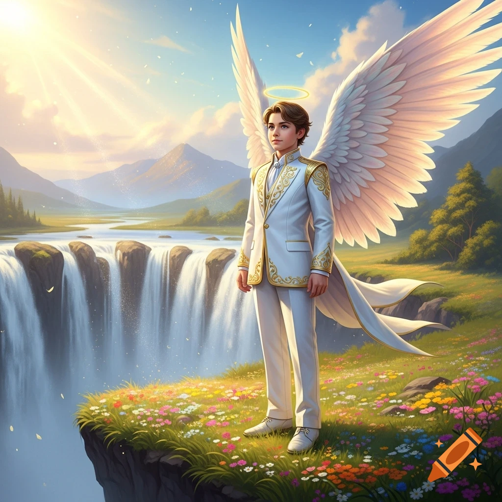 A young angel boy in a white and gold suit stands on a flower-covered cliff above a waterfall, with mountains in the background.