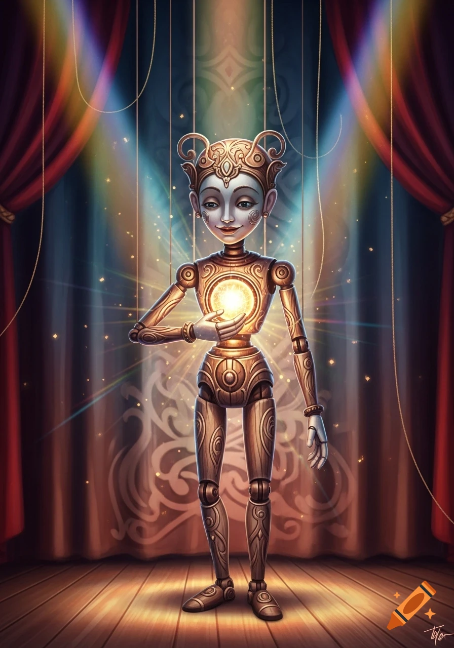 A fantasy marionette with a gold and wooden body stands on a stage with red curtains, holding a glowing light orb.