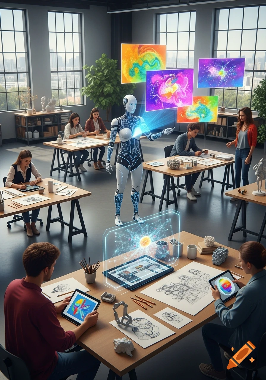A robot stands in a modern art studio, presenting digital art to students drawing and working on tablets at desks, with large windows overlooking a city.
