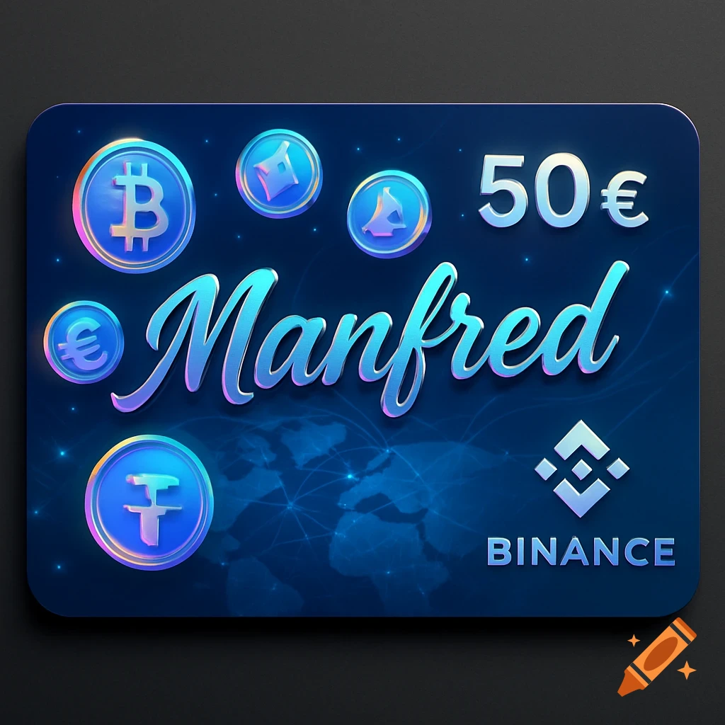 A stylized blue digital gift card for 50 Https: //manfred featuring Bitcoin, Euro, and Binance logos with glowing accents.