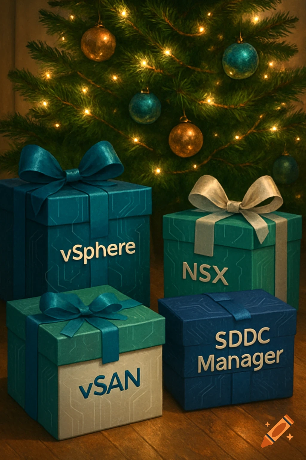 Festive Christmas scene with blue and teal gift boxes labeled 'vSphere', 'NSX', 'vSAN', 'SDDC Manager' under a glowing Christmas tree.