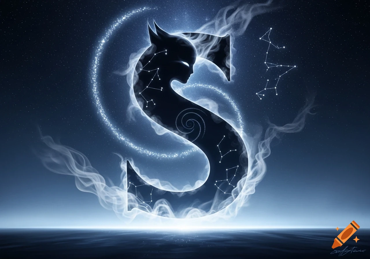 Stylized blue letter 'S' with a mythical silhouette, sparkling starry elements, and constellations against a dark cosmic background.