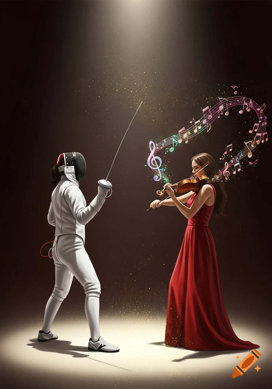 A fencer in white uniform faces a woman in a red gown playing a violin, surrounded by magical musical notes and sparkles under a spotlight.