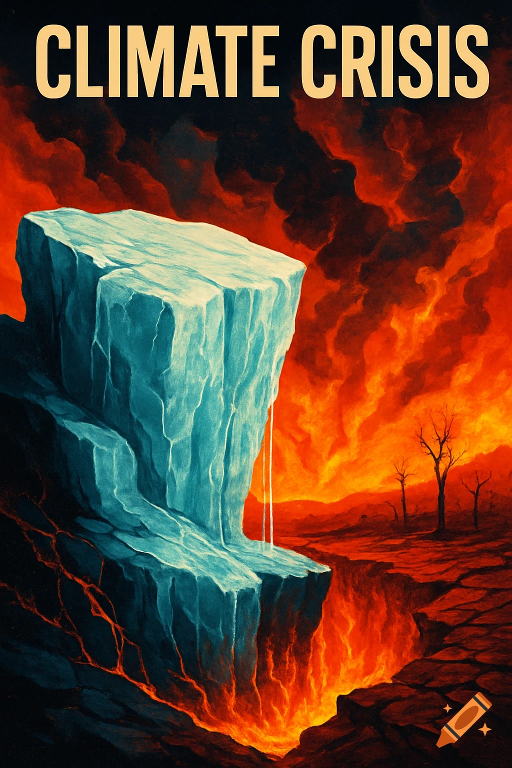 A dramatic poster depicting a massive ice block melting into a fiery chasm, with barren trees under a smoke-filled sky. "CLIMATE CRISIS" is written at the top.