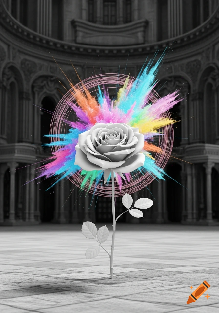 A white rose with a rainbow color explosion, set against a grayscale ornate architectural background.