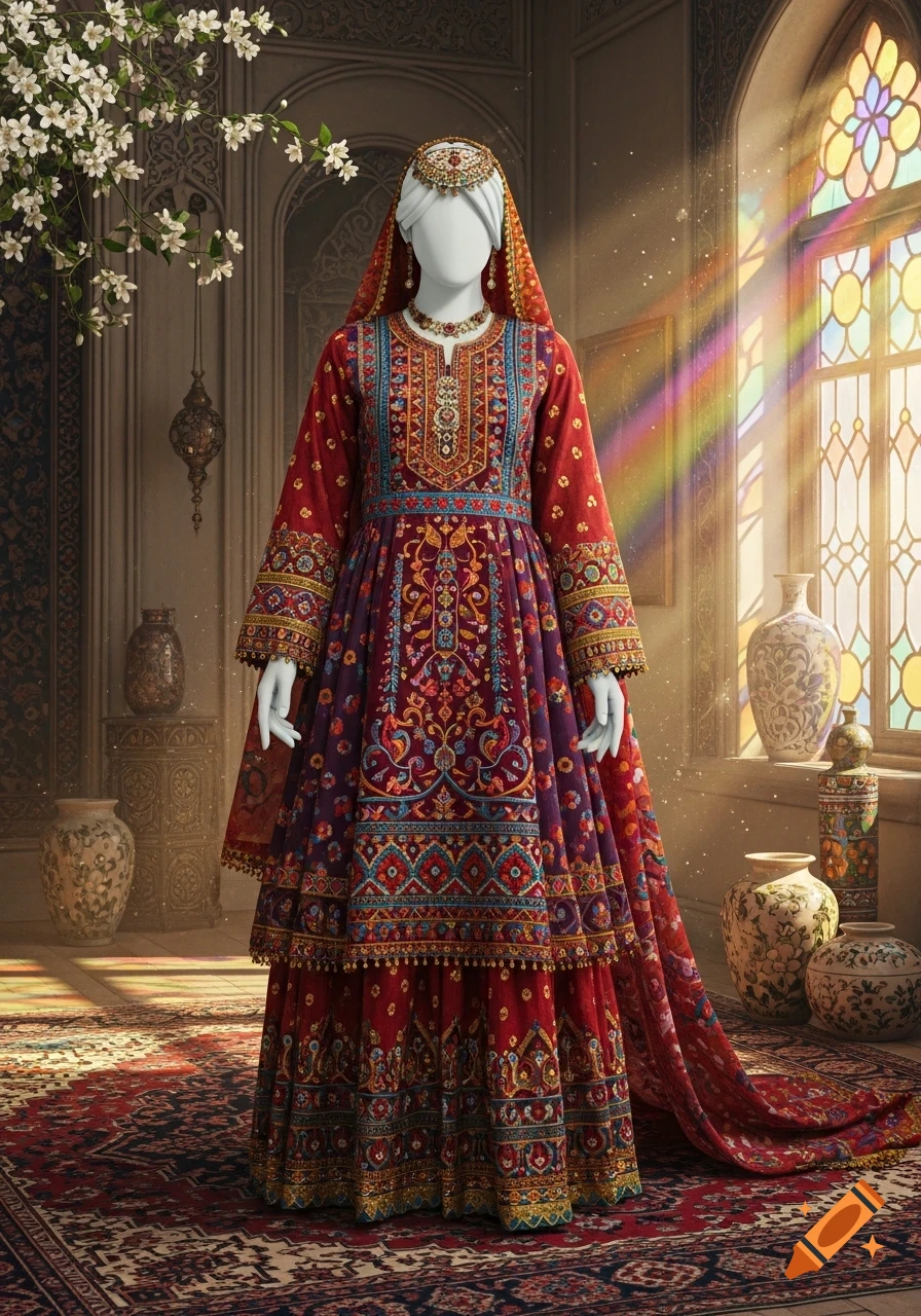 A mannequin in an elaborate red and purple embroidered Bakhtiari dress stands in an ornate room with a stained-glass window.