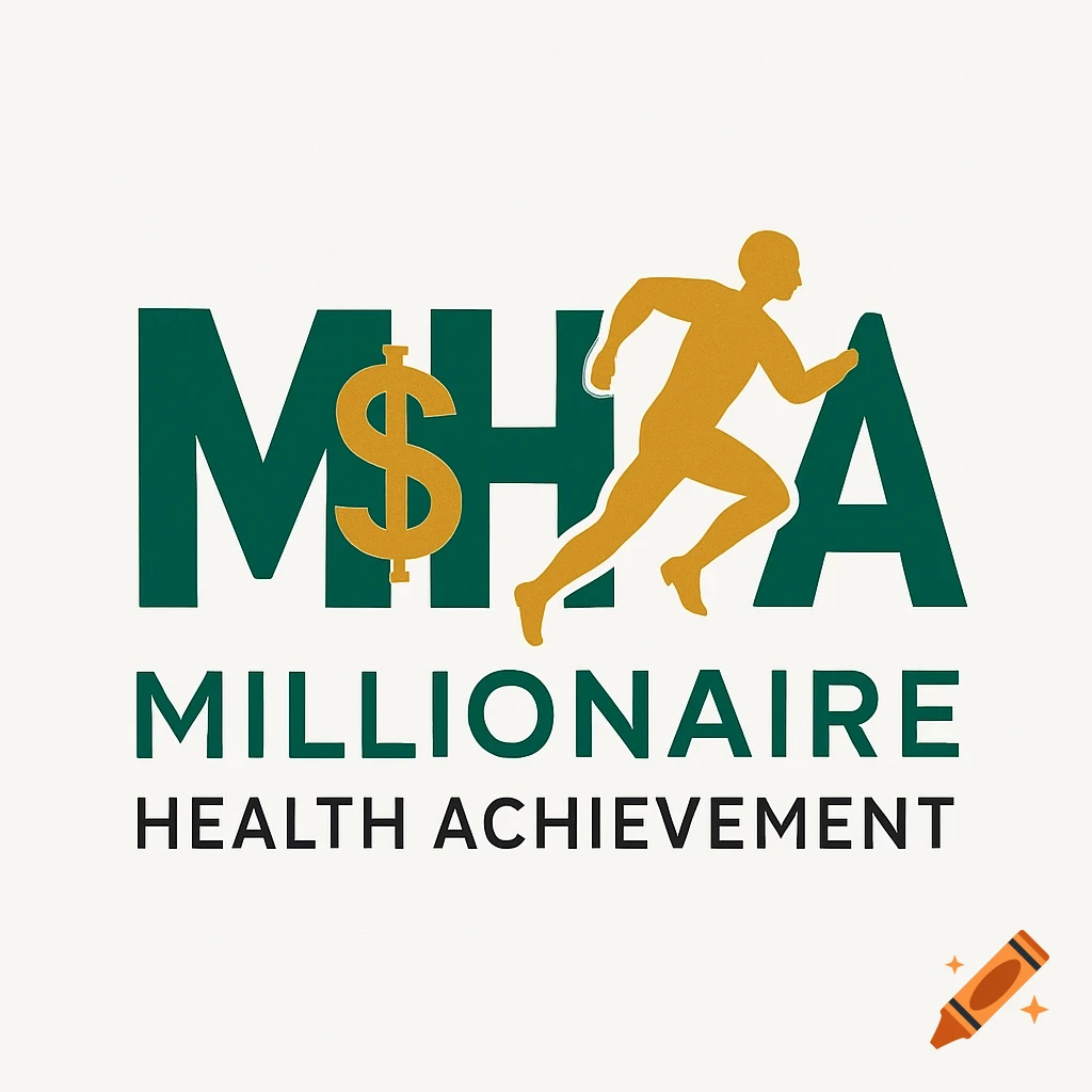 Green and gold logo for Millionaire Health Achievement (M.H.A.). A dollar sign is integrated into the 'H' and a running silhouette into the 'HA' of MHA.