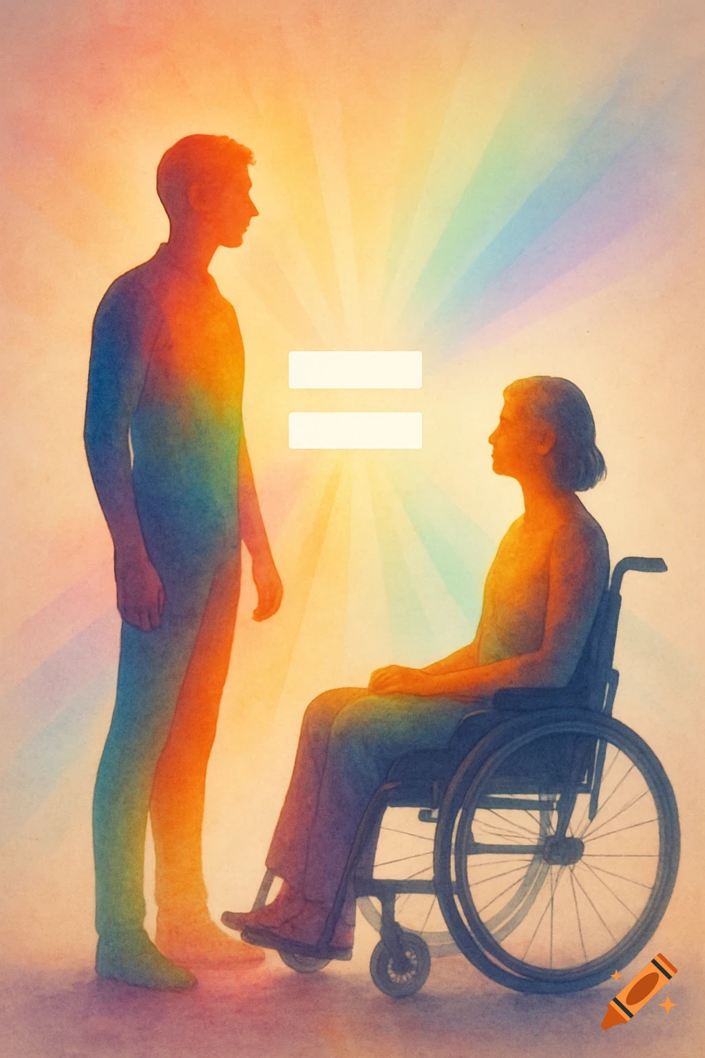 A standing figure and a person in a wheelchair, both rainbow-colored, face each other with an equal sign between them against a radiant background.