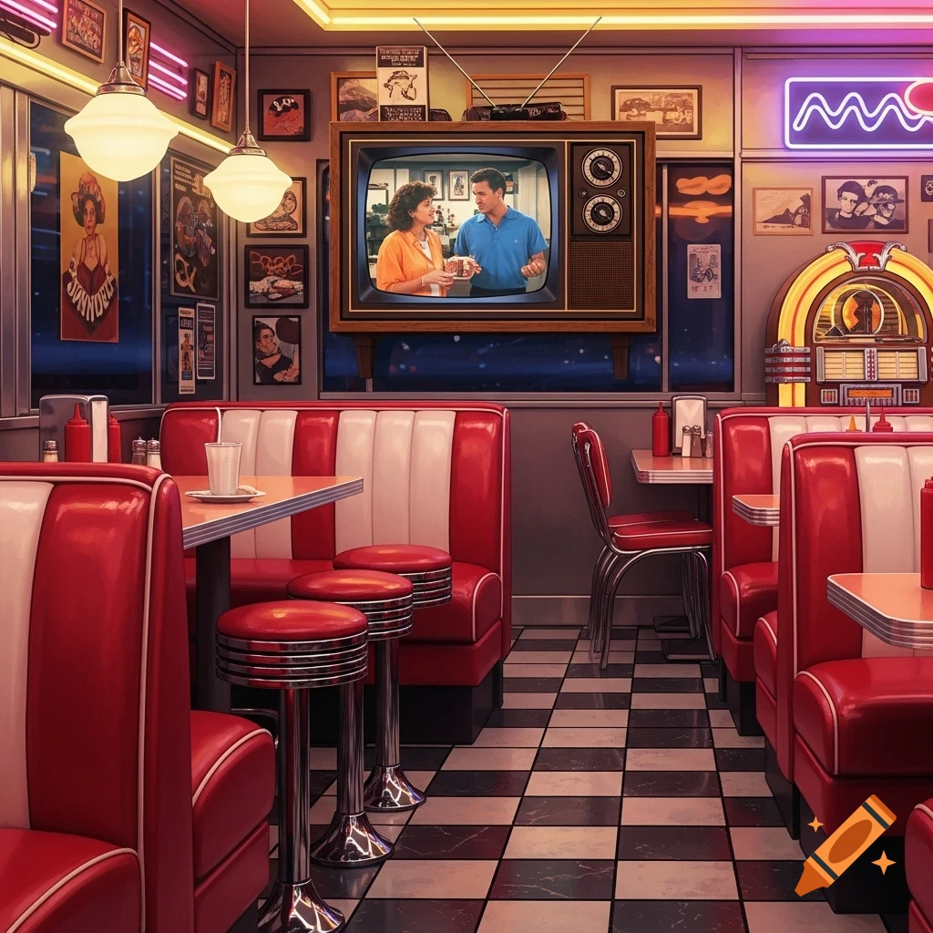 A retro diner interior with red and white booths, a checkered floor, and a large TV screen showing two people, with a jukebox in the background.
