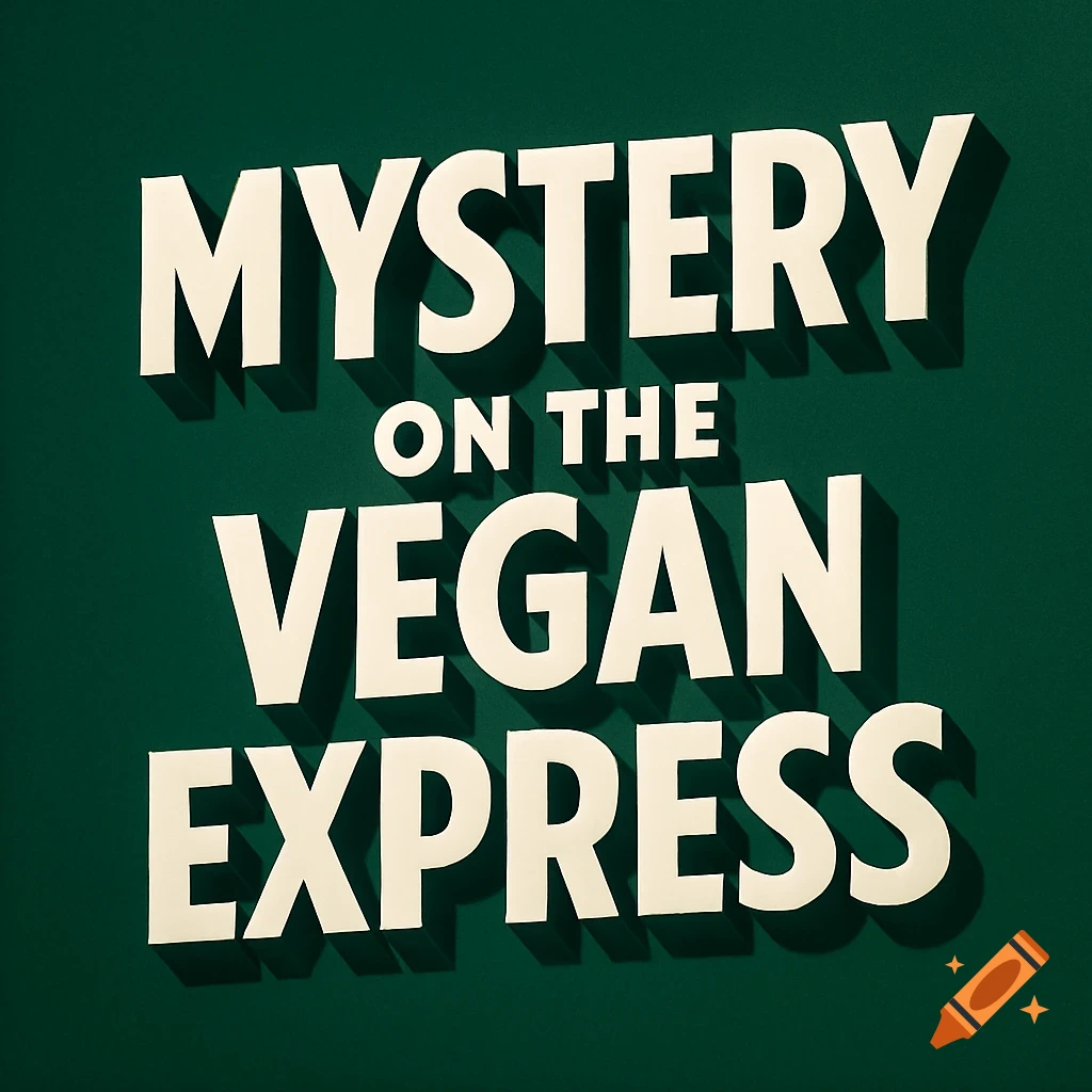 White 3D block letters spelling 'MYSTERY ON THE VEGAN EXPRESS' cast shadows on a dark green background, in a retro movie title style.